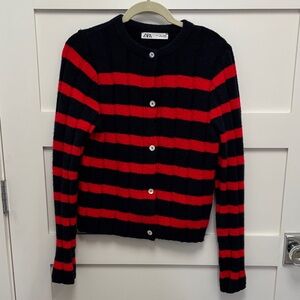 Zara  Navy & Red Striped Button-Front Cardigan Women's Sweater-size Small